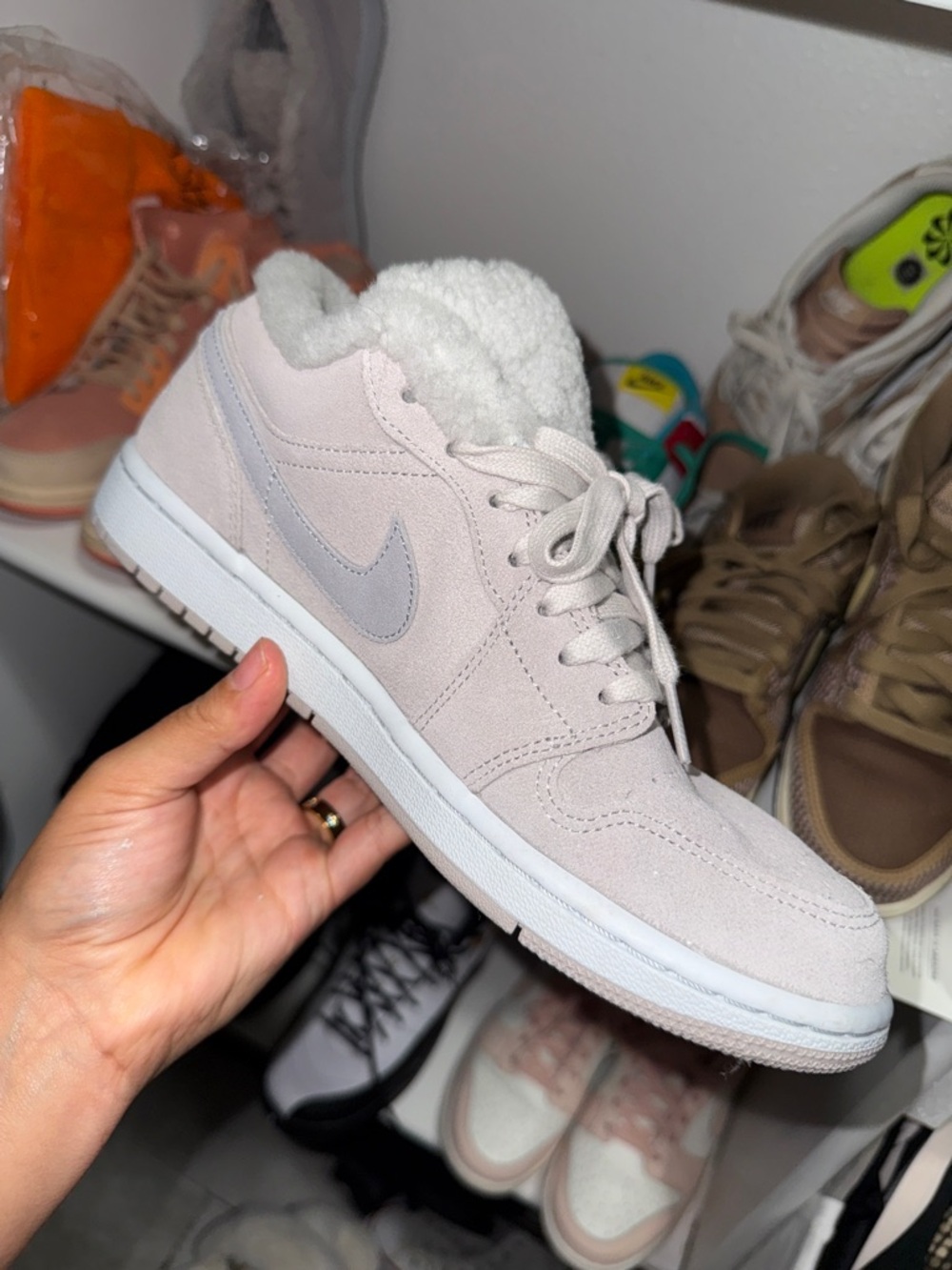 Nike Women’s Low-Top Suede Sneaker in Pale Pink with White Sherpa